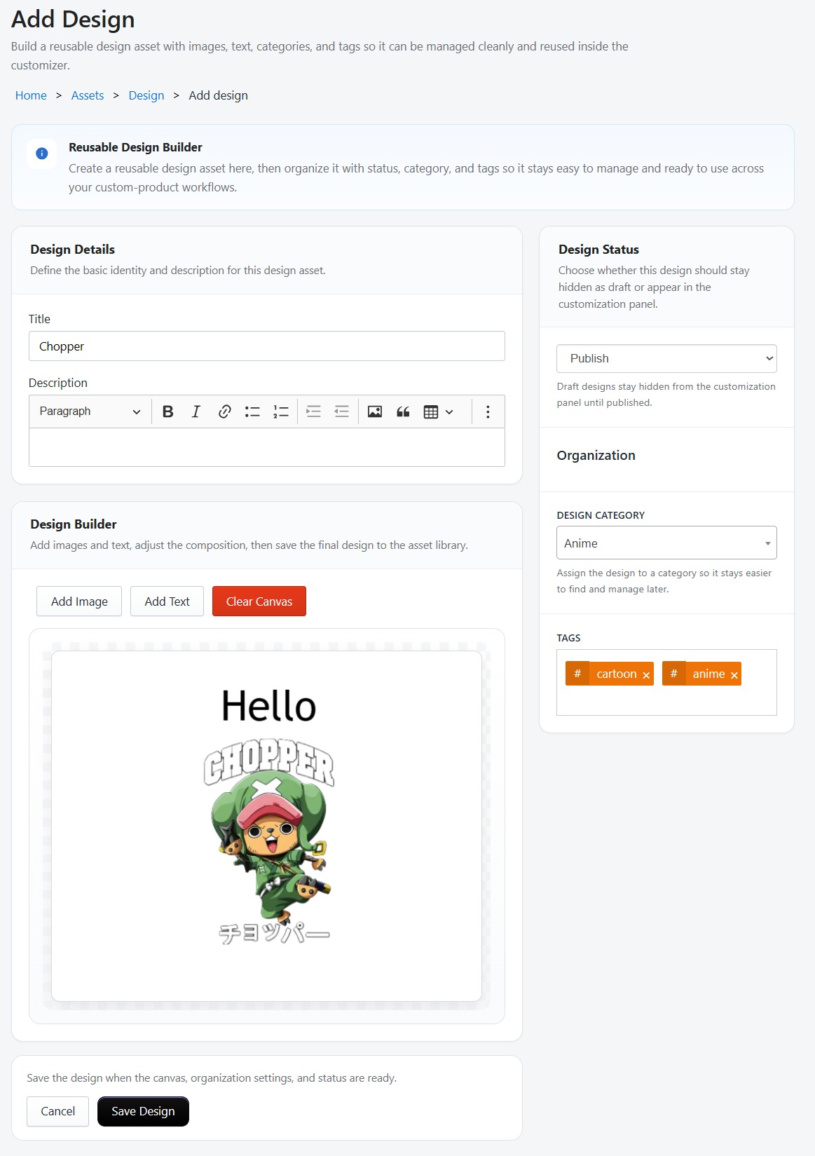 Screenshot of the product customizer editor showing the canvas with a product mockup and design tools panel