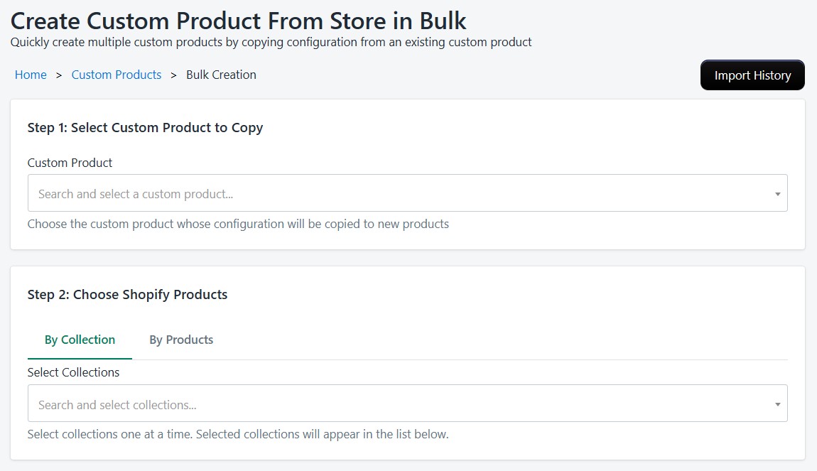 Screenshot of the bulk import source selection showing Shopify Collections, Store Products, and Printful Catalog options