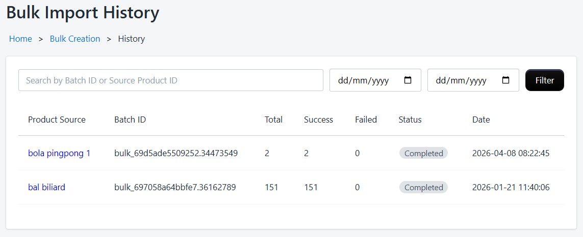 Screenshot of the bulk import source selection showing Shopify Collections, Store Products, and Printful Catalog options