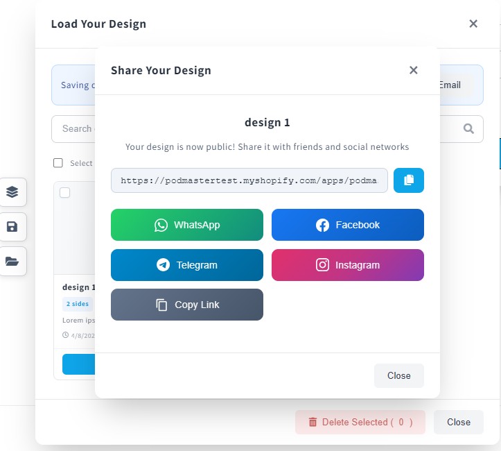 Screenshot of the product customizer editor showing the canvas with a product mockup and design tools panel