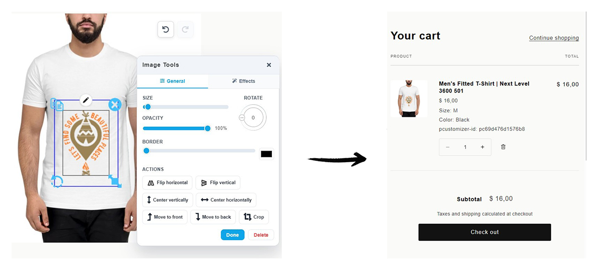Screenshot of the product customizer editor showing the canvas with a product mockup and design tools panel