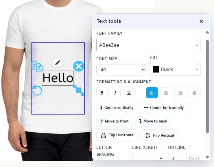 Screenshot of the product customizer editor showing the canvas with a product mockup and design tools panel