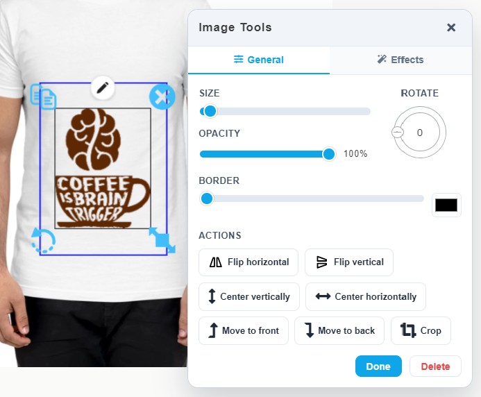 Screenshot of the product customizer editor showing the canvas with a product mockup and design tools panel