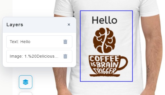 Screenshot of the product customizer editor showing the canvas with a product mockup and design tools panel