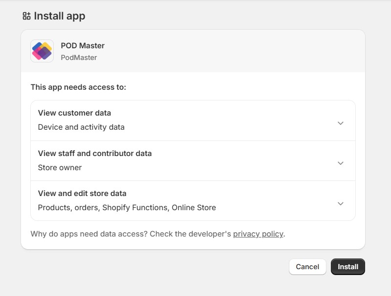 Screenshot of the Shopify authorization/permissions page when installing Podmaster