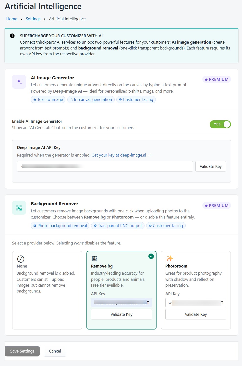 Screenshot of the product customizer editor showing the canvas with a product mockup and design tools panel